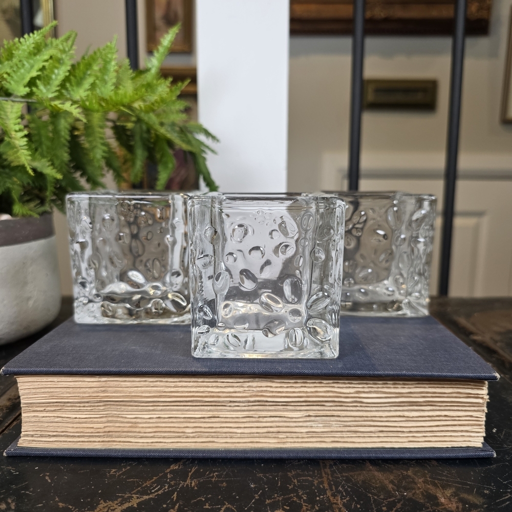 Set 3 MCM Square Ice Glass Votive Holders Brutalist Puddle Texture Scandinavian